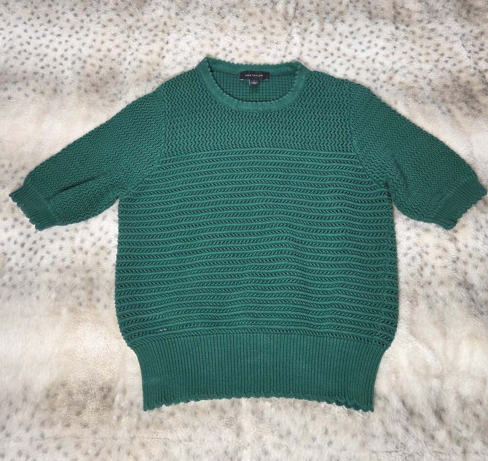 Ann Taylor 100% Cotton Chunky Knit Sweater Green Crewneck Women’s L